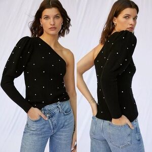 Anthropologie Black Off-the-Shoulder Sweater with Pearl Details